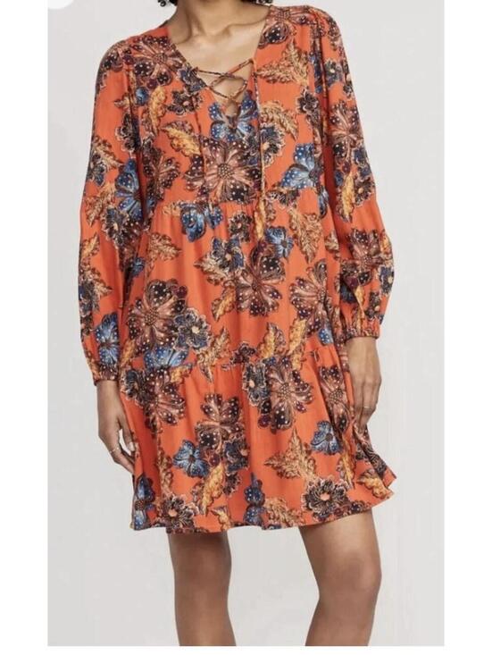 Old Navy Dresses & Skirts - Old Navy Orange floral swing dress Lace Tie Neck Sz L Petite Pockets Boho Flowy
